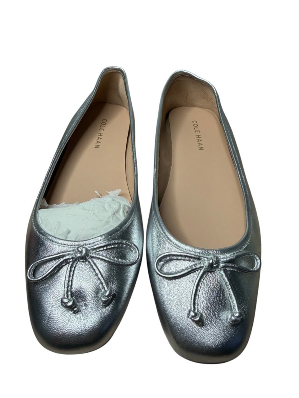 Cole Haan Yara Soft Women's Ballet Flats Size 6B Silver Leather Bow Square Toe